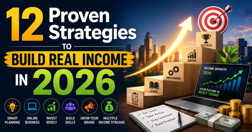 12 proven strategies to build real income in 2026 infographic featuring online business growth, income streams, financial planning, and success concepts.