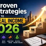 12 proven strategies to build real income in 2026 infographic featuring online business growth, income streams, financial planning, and success concepts.