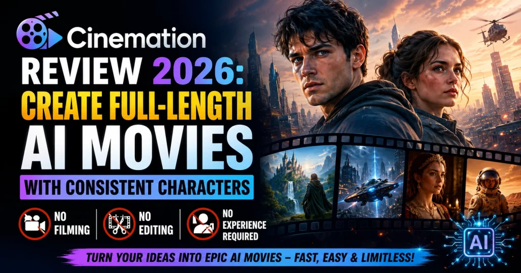 Cinemation Review 2026 banner featuring futuristic AI-powered movie creation, consistent AI characters, cinematic scenes, science fiction cityscape, fantasy worlds, action sequences, film reel visuals, and bold text highlighting “Create Full-Length AI Movies.” Promotional design showcasing no filming, no editing, and no experience required for content creators, filmmakers, YouTubers, and digital storytellers.
