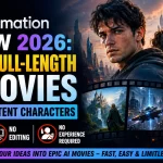 Cinemation Review 2026 banner featuring futuristic AI-powered movie creation, consistent AI characters, cinematic scenes, science fiction cityscape, fantasy worlds, action sequences, film reel visuals, and bold text highlighting “Create Full-Length AI Movies.” Promotional design showcasing no filming, no editing, and no experience required for content creators, filmmakers, YouTubers, and digital storytellers.