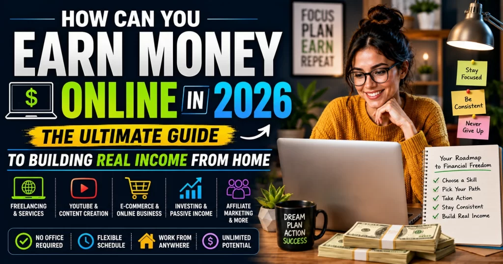 How Can You Earn Money Online in 2026 banner showing a woman working on a laptop from home, highlighting freelancing, YouTube, affiliate marketing, eCommerce, investing, and other proven ways to build real online income.