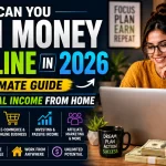 How Can You Earn Money Online in 2026 banner showing a woman working on a laptop from home, highlighting freelancing, YouTube, affiliate marketing, eCommerce, investing, and other proven ways to build real online income.