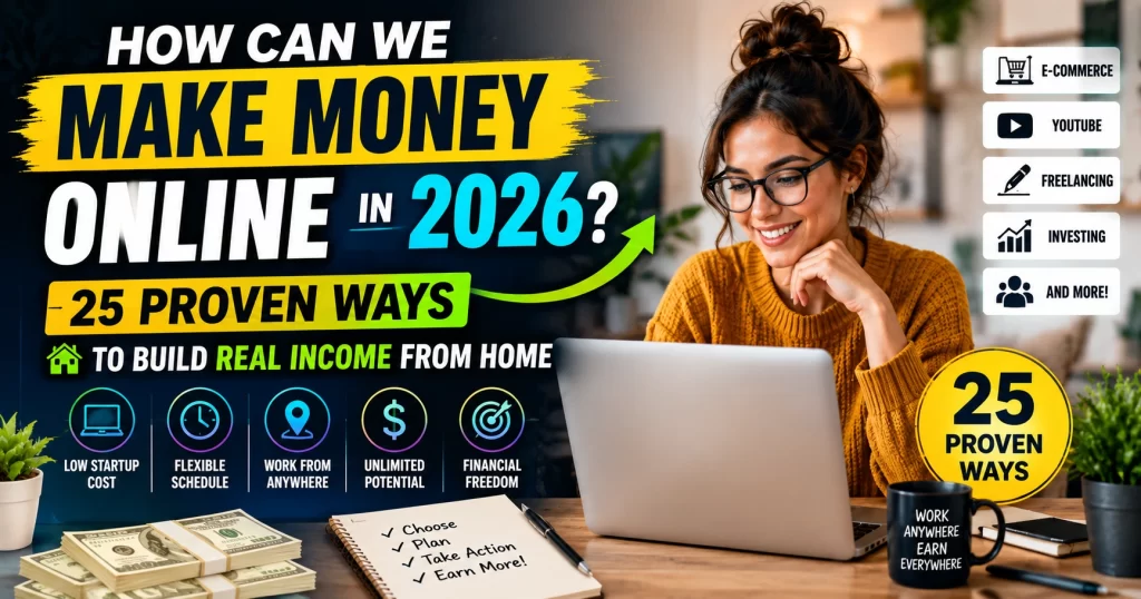 Make money online in 2026 banner featuring a home office workspace, laptop, and strategies for building real income from home with freelancing, content creation, online business, and passive income methods.