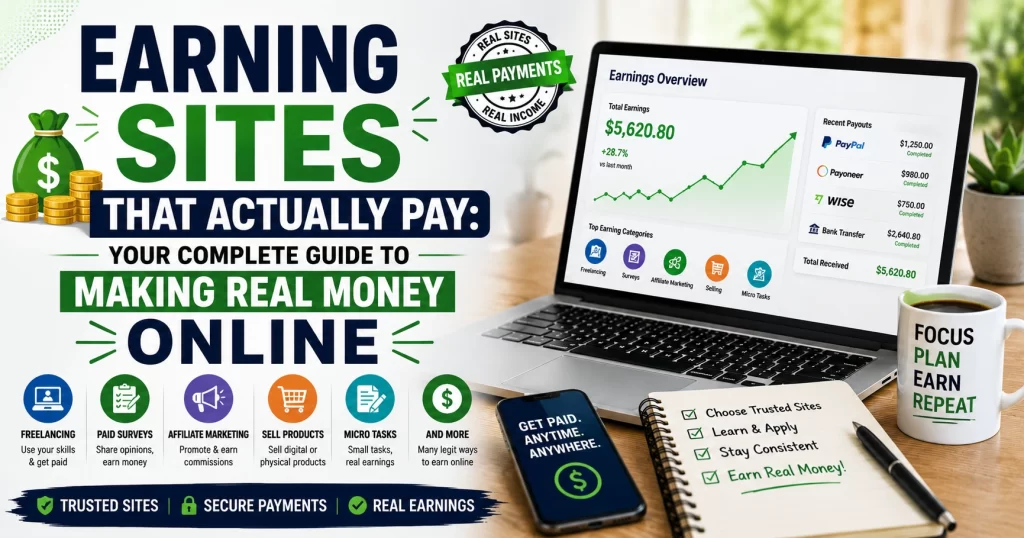 Laptop displaying online earnings dashboards beside bold text reading “Earning Sites That Actually Pay: Your Complete Guide to Making Real Money Online” with icons for freelancing, paid surveys, affiliate marketing, microtasks, and secure online payments.