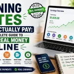 Laptop displaying online earnings dashboards beside bold text reading “Earning Sites That Actually Pay: Your Complete Guide to Making Real Money Online” with icons for freelancing, paid surveys, affiliate marketing, microtasks, and secure online payments.