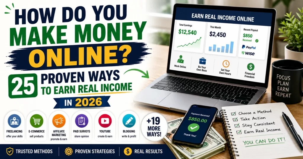 Laptop showing online income dashboards beside bold text reading “How Do You Make Money Online? 25 Proven Ways to Earn Real Income in 2026” with icons for freelancing, affiliate marketing, blogging, YouTube, paid surveys, and e-commerce income methods.