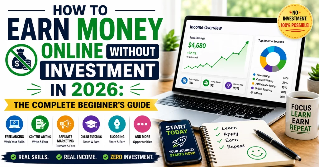 Laptop displaying online income charts beside bold text reading “How to Earn Money Online Without Investment in 2026: The Complete Beginner’s Guide” with icons for freelancing, blogging, affiliate marketing, online tutoring, and zero-investment online income methods.