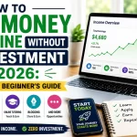Laptop displaying online income charts beside bold text reading “How to Earn Money Online Without Investment in 2026: The Complete Beginner’s Guide” with icons for freelancing, blogging, affiliate marketing, online tutoring, and zero-investment online income methods.
