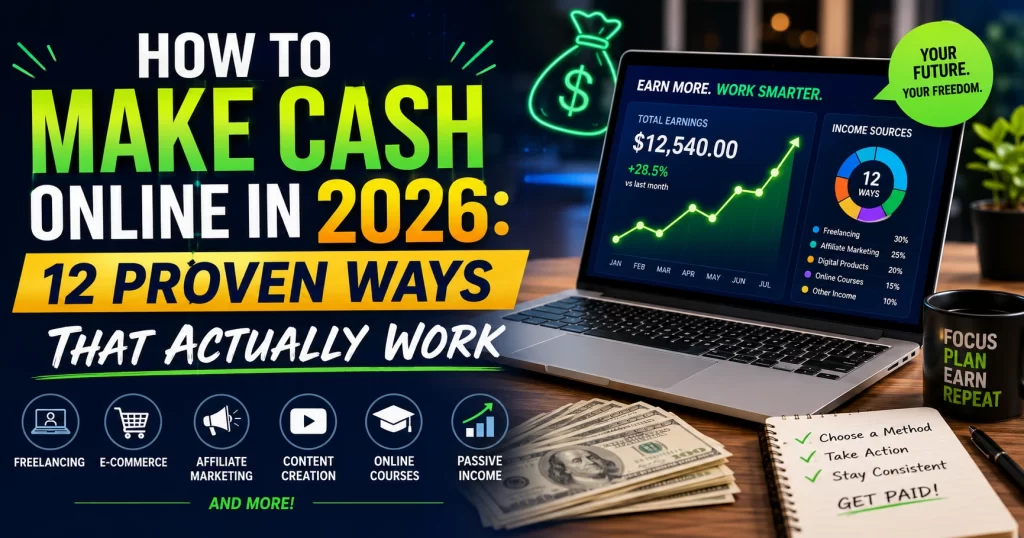 Laptop displaying online earnings charts beside bold text reading “How to Make Cash Online in 2026: 12 Proven Ways That Actually Work” with icons for freelancing, affiliate marketing, online courses, and passive income.