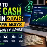 Laptop displaying online earnings charts beside bold text reading “How to Make Cash Online in 2026: 12 Proven Ways That Actually Work” with icons for freelancing, affiliate marketing, online courses, and passive income.