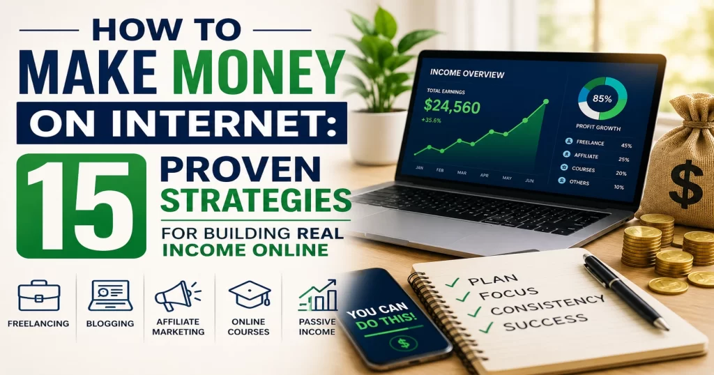Laptop showing online income growth charts beside text reading “How to Make Money on Internet: 15 Proven Strategies for Building Real Income Online” with icons for freelancing, blogging, affiliate marketing, and passive income.