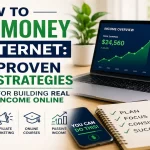 Laptop showing online income growth charts beside text reading “How to Make Money on Internet: 15 Proven Strategies for Building Real Income Online” with icons for freelancing, blogging, affiliate marketing, and passive income.