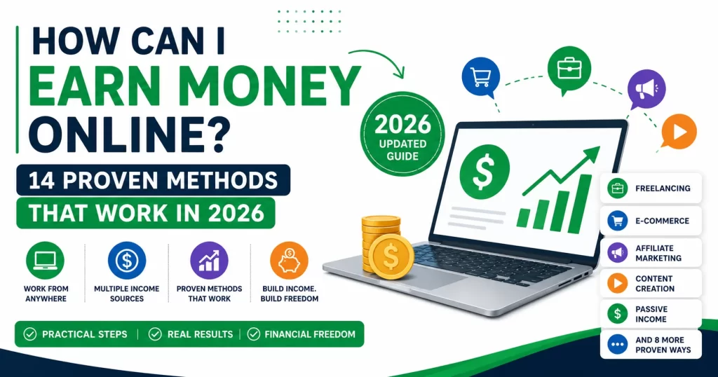 How can I earn money online in 2026 – infographic showing 14 proven methods including freelancing, ecommerce, affiliate marketing, content creation, and passive income strategies with laptop and growth chart illustration