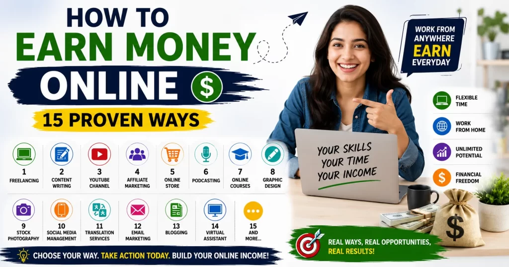 How to earn money online infographic showing 15 proven online income methods including freelancing, blogging, affiliate marketing, content creation, online courses, and remote work opportunities.