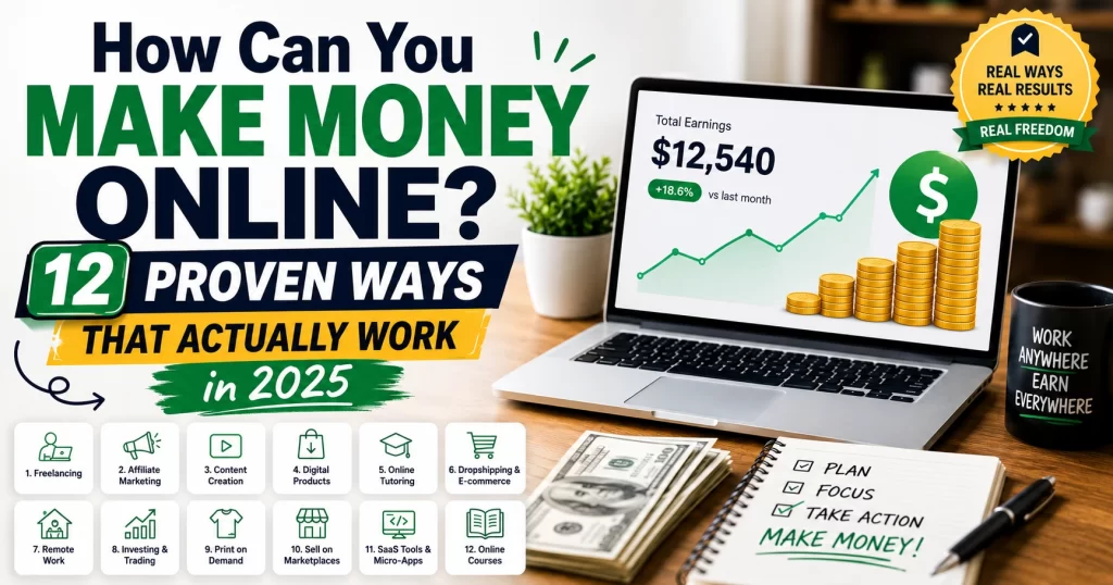 Modern blog banner showing a laptop with online earnings growth, cash, and icons representing freelancing, affiliate marketing, dropshipping, digital products, and remote work alongside the title “How Can You Make Money Online? 12 Proven Ways That Actually Work in 2025”.