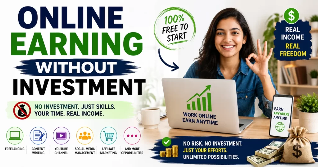 Online earning without investment banner showing work-from-home opportunities, freelancing, content creation, affiliate marketing, and online income growth concepts.