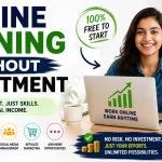 Online earning without investment banner showing work-from-home opportunities, freelancing, content creation, affiliate marketing, and online income growth concepts.