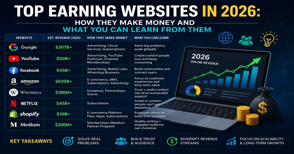 Top earning websites in 2026 infographic showing how major platforms make money through advertising, ecommerce, subscriptions, and online services with revenue growth illustration and business insights.