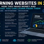 Top earning websites in 2026 infographic showing how major platforms make money through advertising, ecommerce, subscriptions, and online services with revenue growth illustration and business insights.